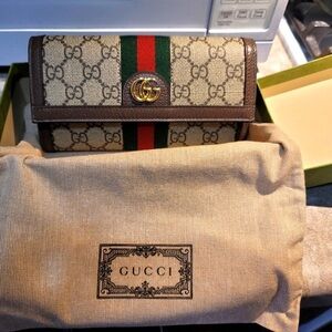 Gucci Beige and Brown GG Wallet with Green and Red Stripe